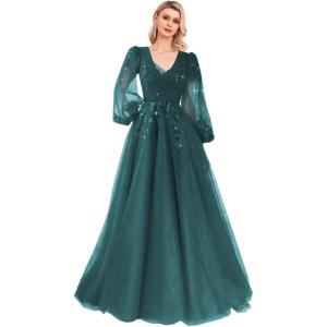 imageSequin Applique Long Sleeve Prom Dress Sparkly Tulle Ball Gown A Line V Neck Formal Evening GownsPeacock