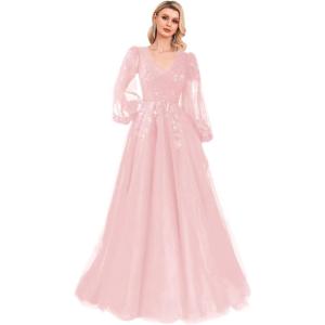 imageSequin Applique Long Sleeve Prom Dress Sparkly Tulle Ball Gown A Line V Neck Formal Evening GownsPink