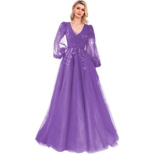 imageSequin Applique Long Sleeve Prom Dress Sparkly Tulle Ball Gown A Line V Neck Formal Evening GownsPurple
