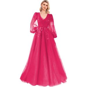 imageSequin Applique Long Sleeve Prom Dress Sparkly Tulle Ball Gown A Line V Neck Formal Evening GownsRose Red