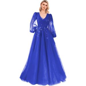 imageSequin Applique Long Sleeve Prom Dress Sparkly Tulle Ball Gown A Line V Neck Formal Evening GownsRoyal Blue