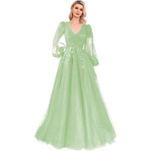 imageSequin Applique Long Sleeve Prom Dress Sparkly Tulle Ball Gown A Line V Neck Formal Evening GownsSage Green