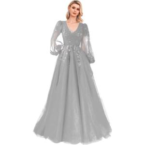 imageSequin Applique Long Sleeve Prom Dress Sparkly Tulle Ball Gown A Line V Neck Formal Evening GownsSilver