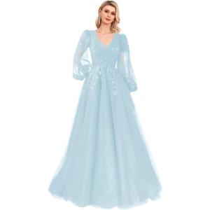 imageSequin Applique Long Sleeve Prom Dress Sparkly Tulle Ball Gown A Line V Neck Formal Evening GownsSky Blue