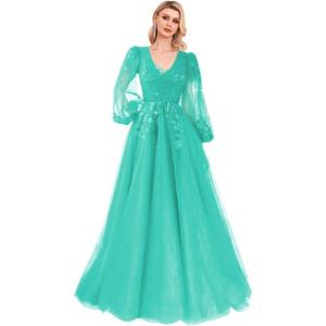 imageSequin Applique Long Sleeve Prom Dress Sparkly Tulle Ball Gown A Line V Neck Formal Evening GownsTurquoise
