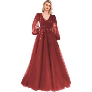 imageSequin Applique Long Sleeve Prom Dress Sparkly Tulle Ball Gown A Line V Neck Formal Evening GownsWine Red