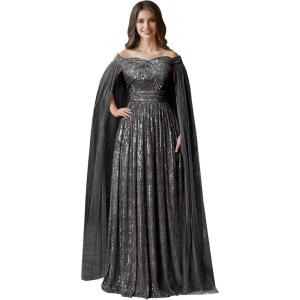 imageSequin Formal Dresses for Women Off Shoulder Prom Dresses for Womens Ball Gown Evening Dresses with CapeBlack