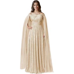imageSequin Formal Dresses for Women Off Shoulder Prom Dresses for Womens Ball Gown Evening Dresses with CapeChampagne