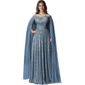 imageSequin Formal Dresses for Women Off Shoulder Prom Dresses for Womens Ball Gown Evening Dresses with CapeDusty Blue