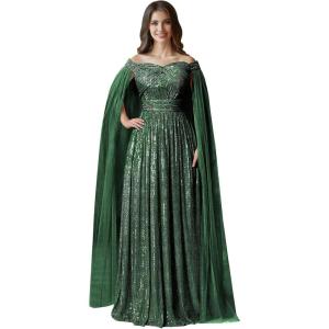 imageSequin Formal Dresses for Women Off Shoulder Prom Dresses for Womens Ball Gown Evening Dresses with CapeEmerald Green