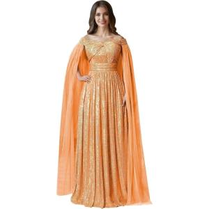imageSequin Formal Dresses for Women Off Shoulder Prom Dresses for Womens Ball Gown Evening Dresses with CapeOrange