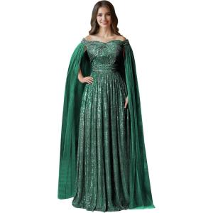 imageSequin Formal Dresses for Women Off Shoulder Prom Dresses for Womens Ball Gown Evening Dresses with CapePeacock