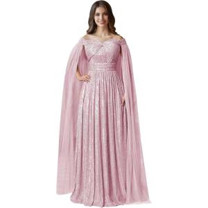imageSequin Formal Dresses for Women Off Shoulder Prom Dresses for Womens Ball Gown Evening Dresses with CapePink