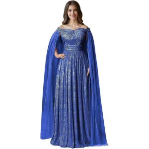 imageSequin Formal Dresses for Women Off Shoulder Prom Dresses for Womens Ball Gown Evening Dresses with CapeRoyal Blue
