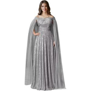 imageSequin Formal Dresses for Women Off Shoulder Prom Dresses for Womens Ball Gown Evening Dresses with CapeSilver