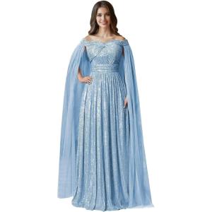 imageSequin Formal Dresses for Women Off Shoulder Prom Dresses for Womens Ball Gown Evening Dresses with CapeSky Blue