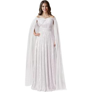 imageSequin Formal Dresses for Women Off Shoulder Prom Dresses for Womens Ball Gown Evening Dresses with CapeWhite