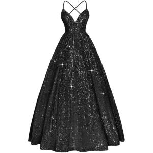 imageSpaghetti Straps Prom Dress Sequin Aline Evening Gown Sparkly Plus Size Ball Gown Wedding Formal DressesBlack