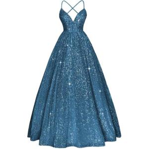 imageSpaghetti Straps Prom Dress Sequin Aline Evening Gown Sparkly Plus Size Ball Gown Wedding Formal DressesBlue