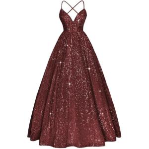 imageSpaghetti Straps Prom Dress Sequin Aline Evening Gown Sparkly Plus Size Ball Gown Wedding Formal DressesBurgundy