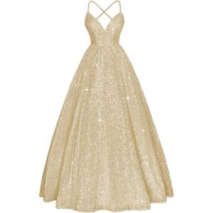 imageSpaghetti Straps Prom Dress Sequin Aline Evening Gown Sparkly Plus Size Ball Gown Wedding Formal DressesChampagne