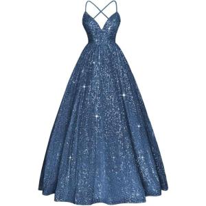 imageSpaghetti Straps Prom Dress Sequin Aline Evening Gown Sparkly Plus Size Ball Gown Wedding Formal DressesDusty Blue