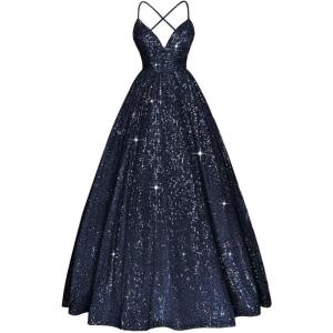 imageSpaghetti Straps Prom Dress Sequin Aline Evening Gown Sparkly Plus Size Ball Gown Wedding Formal DressesNavy Blue