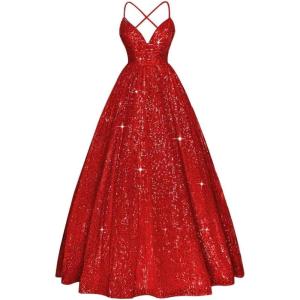 imageSpaghetti Straps Prom Dress Sequin Aline Evening Gown Sparkly Plus Size Ball Gown Wedding Formal DressesRed