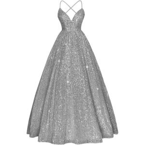 imageSpaghetti Straps Prom Dress Sequin Aline Evening Gown Sparkly Plus Size Ball Gown Wedding Formal DressesSilver