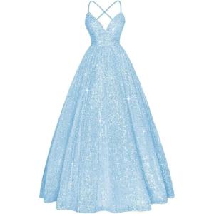 imageSpaghetti Straps Prom Dress Sequin Aline Evening Gown Sparkly Plus Size Ball Gown Wedding Formal DressesSky Blue