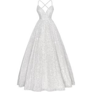 imageSpaghetti Straps Prom Dress Sequin Aline Evening Gown Sparkly Plus Size Ball Gown Wedding Formal DressesWhite