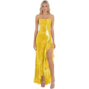 imageSpaghetti Straps Sequin Prom Dresses for Women Tight Mermaid Formal Dress Ruffle Sparkly Evening Party GownsYellow
