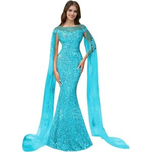 imageSparkly Sequin Prom Dreses Long Sleeve Formal Dresses with Cape Mermaid Evening Gala Dress for WomenAqua