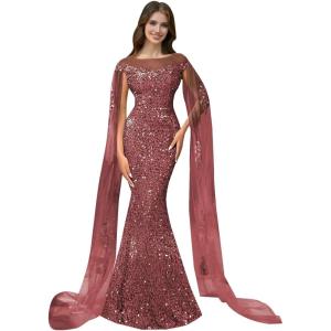 imageSparkly Sequin Prom Dreses Long Sleeve Formal Dresses with Cape Mermaid Evening Gala Dress for WomenBurgundy