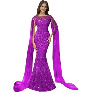 imageSparkly Sequin Prom Dreses Long Sleeve Formal Dresses with Cape Mermaid Evening Gala Dress for WomenFuchsia
