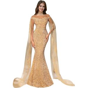 imageSparkly Sequin Prom Dreses Long Sleeve Formal Dresses with Cape Mermaid Evening Gala Dress for WomenGold