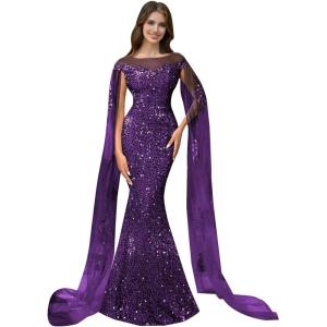 imageSparkly Sequin Prom Dreses Long Sleeve Formal Dresses with Cape Mermaid Evening Gala Dress for WomenGrape