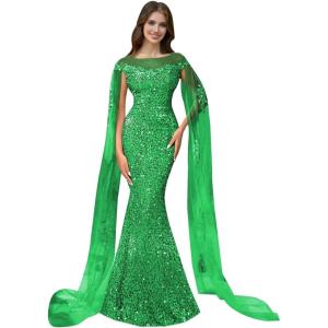 imageSparkly Sequin Prom Dreses Long Sleeve Formal Dresses with Cape Mermaid Evening Gala Dress for WomenGreen