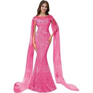 imageSparkly Sequin Prom Dreses Long Sleeve Formal Dresses with Cape Mermaid Evening Gala Dress for WomenHot Pink