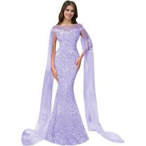 imageSparkly Sequin Prom Dreses Long Sleeve Formal Dresses with Cape Mermaid Evening Gala Dress for WomenLavender