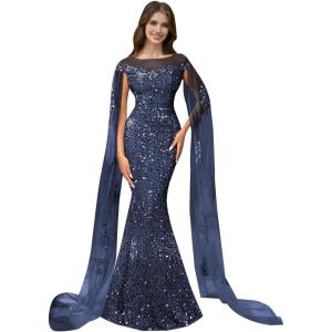 imageSparkly Sequin Prom Dreses Long Sleeve Formal Dresses with Cape Mermaid Evening Gala Dress for WomenNavy Blue