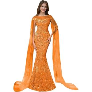 imageSparkly Sequin Prom Dreses Long Sleeve Formal Dresses with Cape Mermaid Evening Gala Dress for WomenOrange