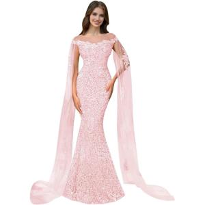 imageSparkly Sequin Prom Dreses Long Sleeve Formal Dresses with Cape Mermaid Evening Gala Dress for WomenPink