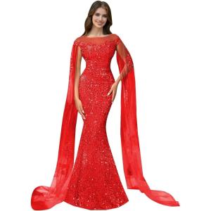 imageSparkly Sequin Prom Dreses Long Sleeve Formal Dresses with Cape Mermaid Evening Gala Dress for WomenRed