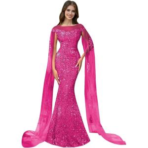 imageSparkly Sequin Prom Dreses Long Sleeve Formal Dresses with Cape Mermaid Evening Gala Dress for WomenRose Red