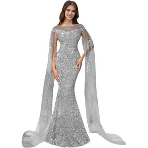 imageSparkly Sequin Prom Dreses Long Sleeve Formal Dresses with Cape Mermaid Evening Gala Dress for WomenSilver