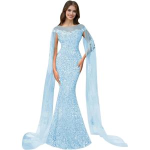 imageSparkly Sequin Prom Dreses Long Sleeve Formal Dresses with Cape Mermaid Evening Gala Dress for WomenSky Blue