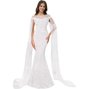 imageSparkly Sequin Prom Dreses Long Sleeve Formal Dresses with Cape Mermaid Evening Gala Dress for WomenWhite