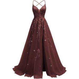 imageTulle Lace Appliques Prom Dresses Long Ball Gown for Women Spaghetti Straps Corset Backless Evening DressBurgundy