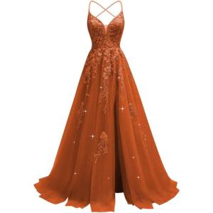 imageTulle Lace Appliques Prom Dresses Long Ball Gown for Women Spaghetti Straps Corset Backless Evening DressBurnt Orange